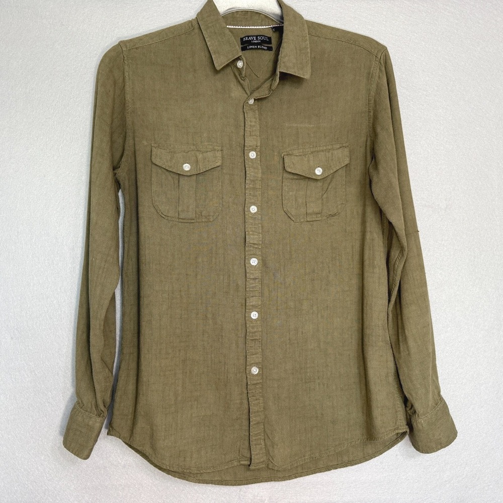 Brave Soul London Utility Button Down Shirt Mens Size S Olive Green Linen Blend‎